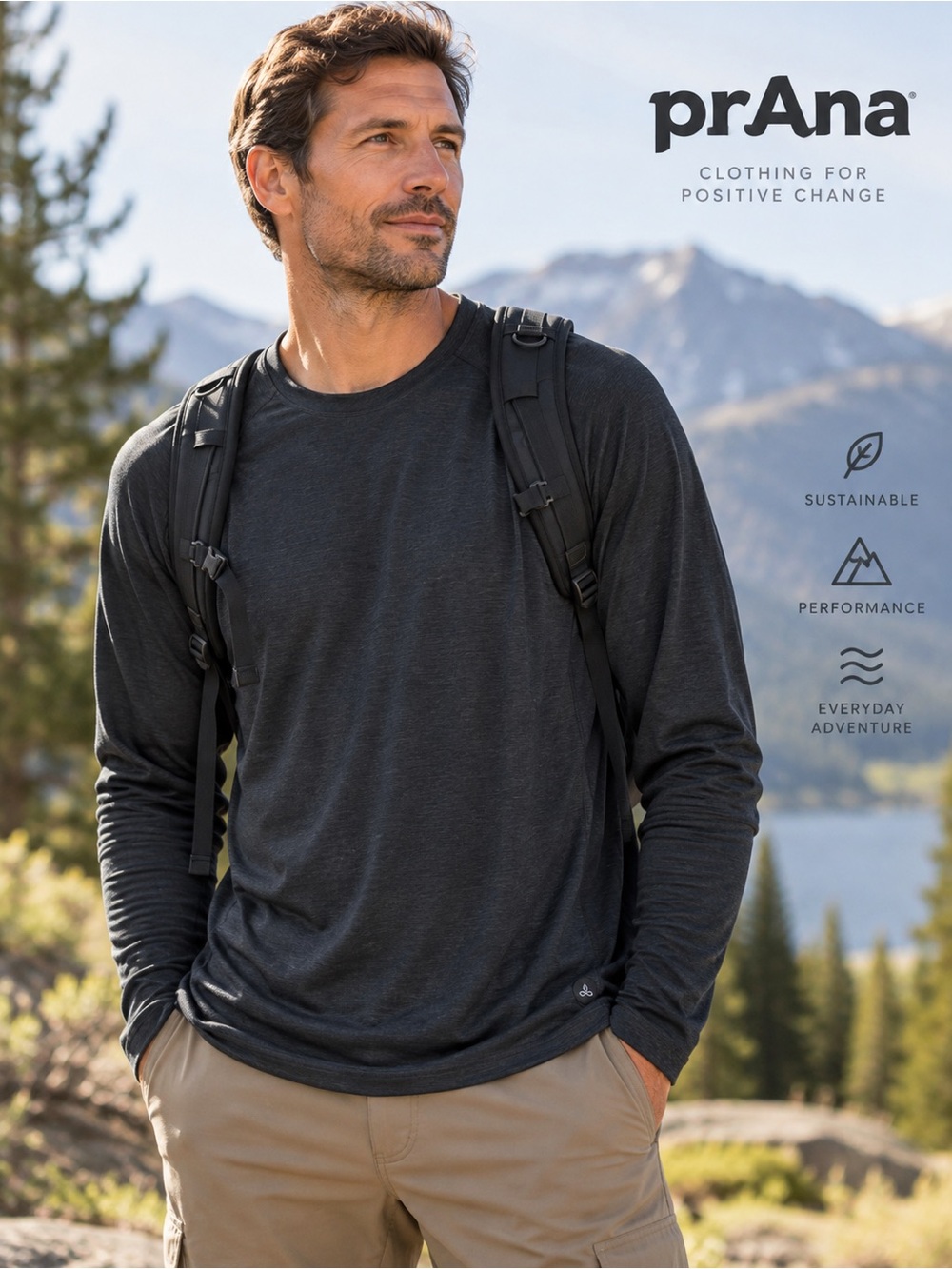 prAna Mission Trails Long Sleeve Tee XXL Black Heather TENCEL Performance